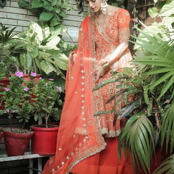 Faiza Saqlain Gulafsa - 3pc Orange Embroidered Chiffon Angrakha Lehenga - Picture 3 of 5